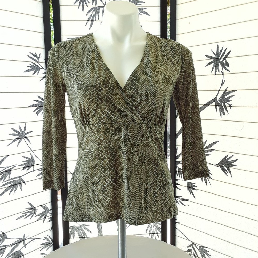 Liz Claiborne Army Green Snake Print Surplice Top